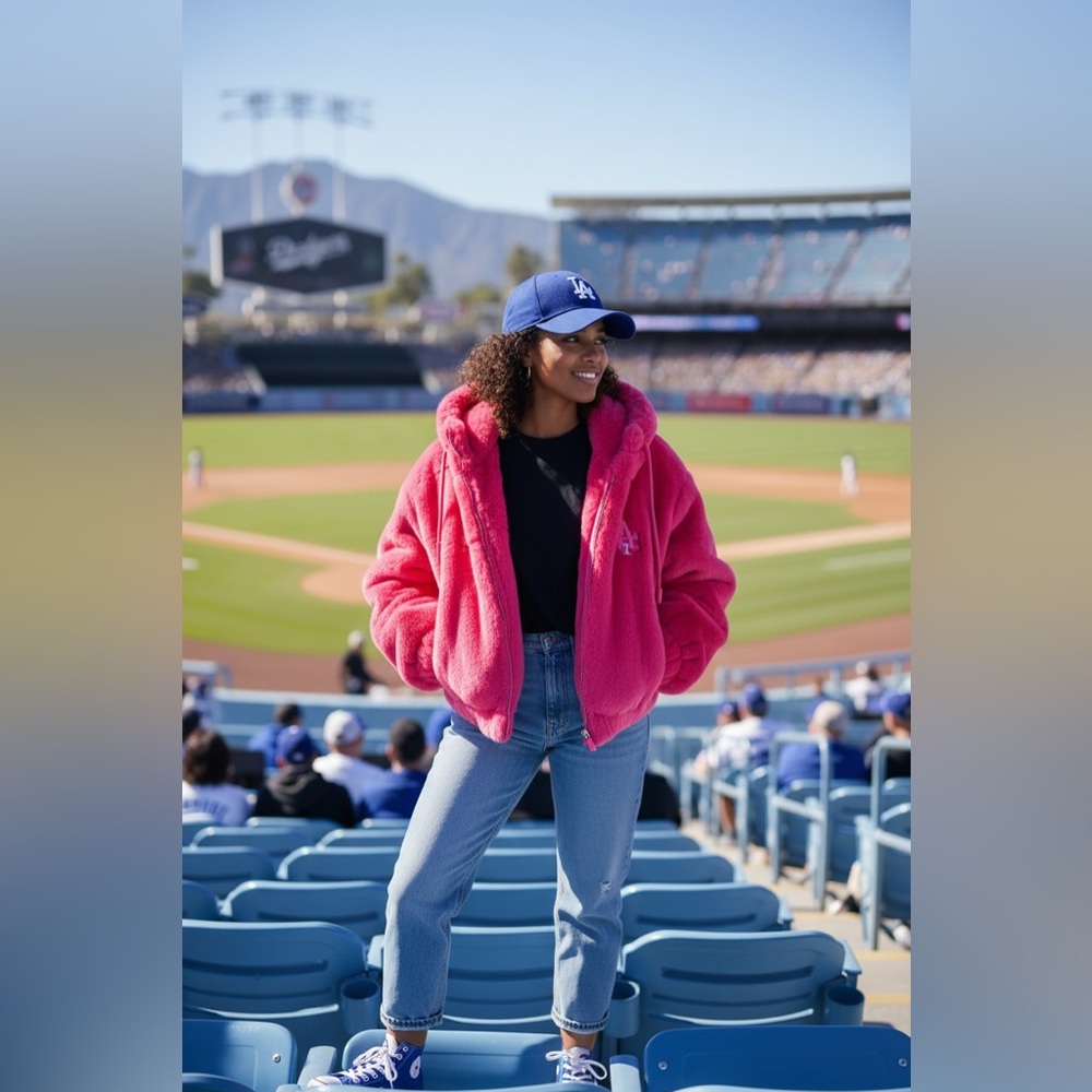 Los Angeles Dodgers MLB Pro Plush Pink Faux Fur Zip Hooded Coat Jacket
